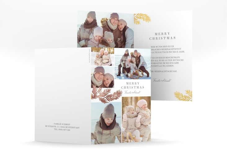 Weihnachtskarte Goldzweig A6 Klappkarte hoch rosegold edel mit Foto-Collage