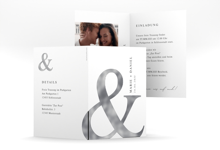 Einladungskarte Hochzeit And A6 Klappkarte hoch silber