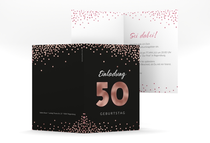Einladung 50. Geburtstag Glitzer A6 Klappkarte hoch rosegold