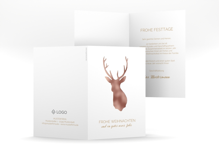 Business-Weihnachtskarte Deer A6 Klappkarte hoch rosegold und weiß mit Reh-Kopf