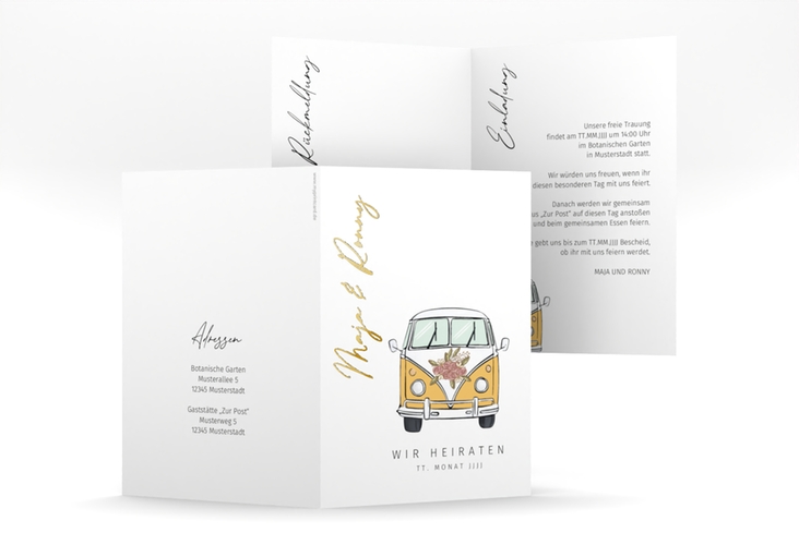 Einladungskarte Hochzeit Hochzeitsbulli A6 Klappkarte hoch gold mit Gräsern und Trockenblumen für Boho-Hochzeit
