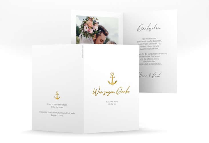 Danksagungskarte Hochzeit Ankerliebe A6 Klappkarte hoch gold im minimalistischen maritimen Design mit Anker