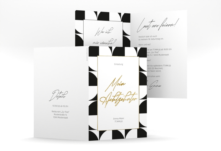 Einladung Geburtstag Schwarzweiss A6 Klappkarte hoch gold