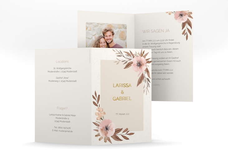 Einladungskarte Hochzeit Modest A6 Klappkarte hoch gold mit elegantem Blumen-Aquarell