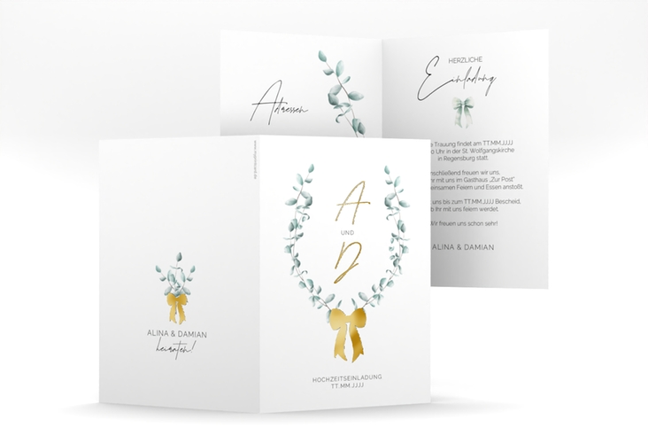 Einladungskarte Hochzeit Eucalypt Bow A6 Klappkarte hoch gold