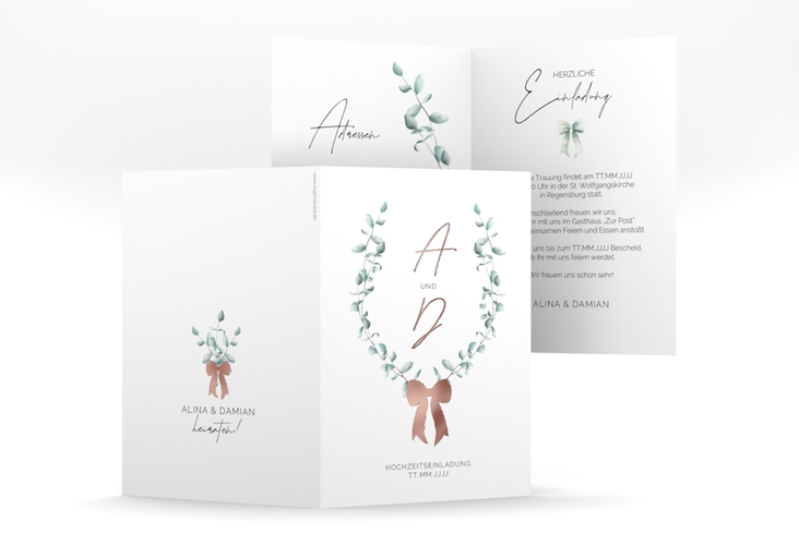 Einladungskarte Hochzeit Eucalypt Bow A6 Klappkarte hoch rosegold