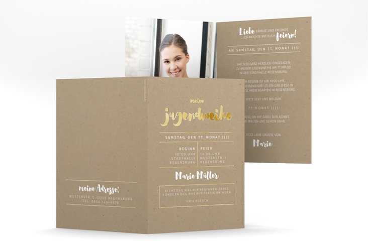 Einladungskarte Kommunion Litterea A6 Klappkarte hoch gold in Kraftpapier-Optik