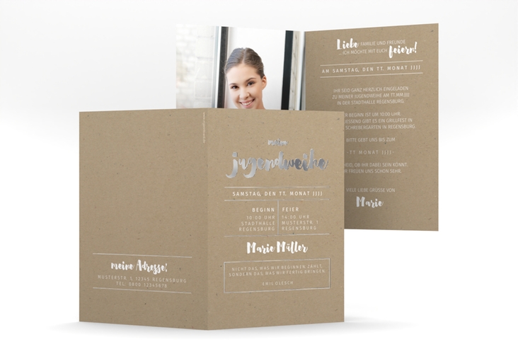 Einladungskarte Kommunion Litterea A6 Klappkarte hoch silber in Kraftpapier-Optik