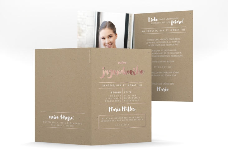 Einladungskarte Kommunion Litterea A6 Klappkarte hoch rosegold in Kraftpapier-Optik