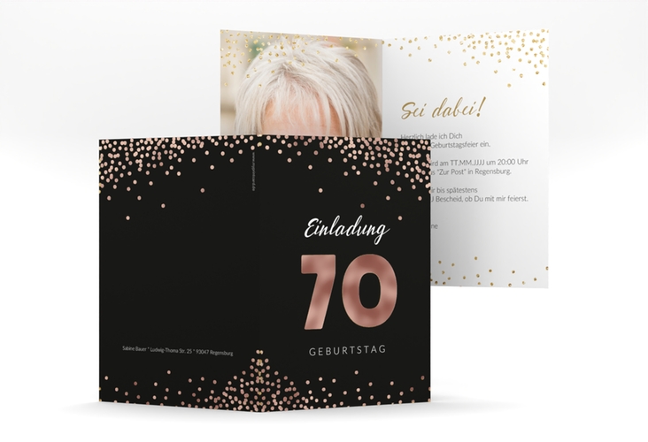 Einladung 70. Geburtstag Glitzer A6 Klappkarte hoch rosegold