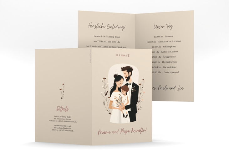Einladungskarte Hochzeit Familienglück A6 Klappkarte hoch rosegold für Paare mit Kind