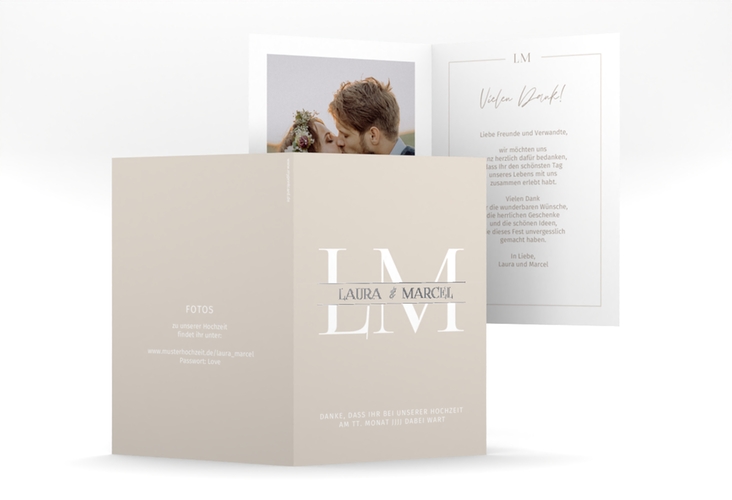 Danksagungskarte Hochzeit Monogramm A6 Klappkarte hoch silber in klassischem Design mit Initialen des Brautpaars