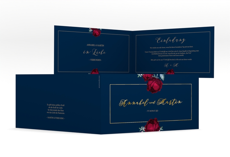 Hochzeitseinladung Peonies lange Klappkarte quer gold elegant mit Pfingstrosen