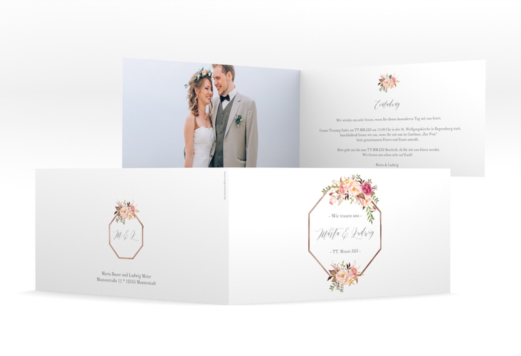 Hochzeitseinladung Prachtvoll lange Klappkarte quer rosegold