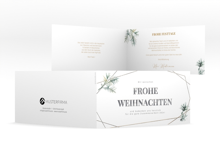 Geschäftliche Weihnachtskarte Edeltanne lange Klappkarte quer silber mit Tannenzweigen und edlem Goldrahmen