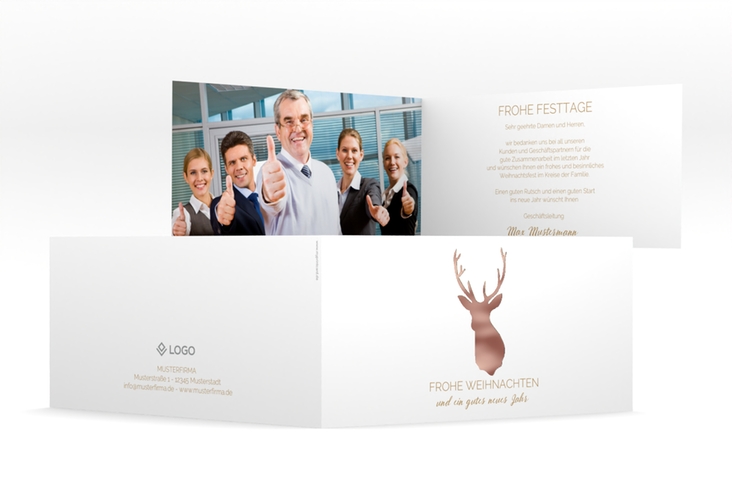 Geschäftliche Weihnachtskarte Deer lange Klappkarte quer rosegold
