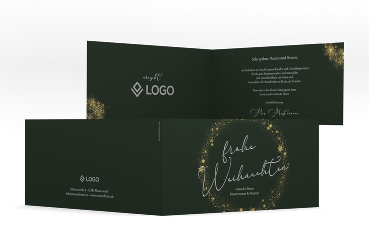 Geschäftliche Weihnachtskarte Glitzerkranz lange Klappkarte quer silber mit Kranz aus Eiskristallen und eleganter Aufschrift frohe Weihnachten