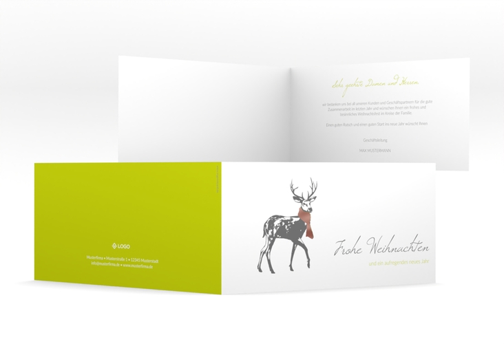 Geschäftliche Weihnachtskarte Hirsch lange Klappkarte quer rosegold mit Hirsch mit Schal