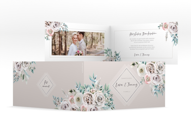 Danksagungskarte Hochzeit Romance lange Klappkarte quer silber