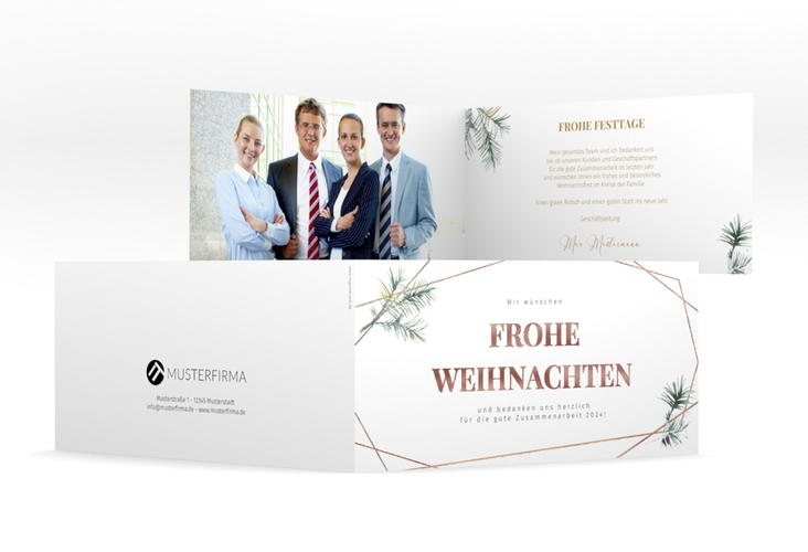 Geschäftliche Weihnachtskarte Edeltanne lange Klappkarte quer rosegold mit Tannenzweigen und edlem Goldrahmen