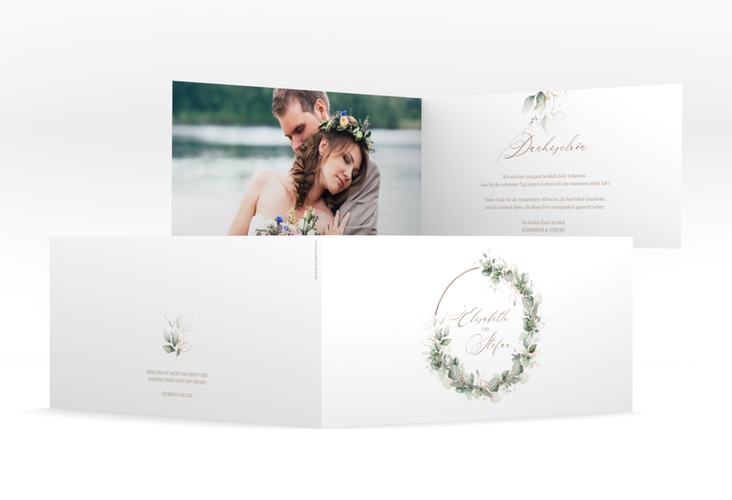 Danksagungskarte Hochzeit Selvatica lange Klappkarte quer rosegold mit Eukalyptus-Kranz