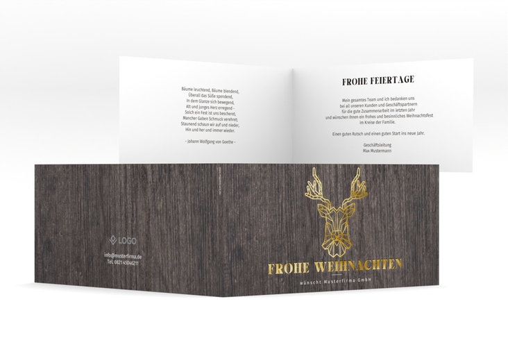 Geschäftliche Weihnachtskarte Geohirsch lange Klappkarte quer gold