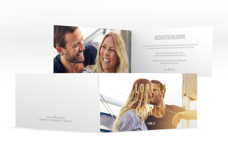 Hochzeitseinladung Memory lange Klappkarte quer gold