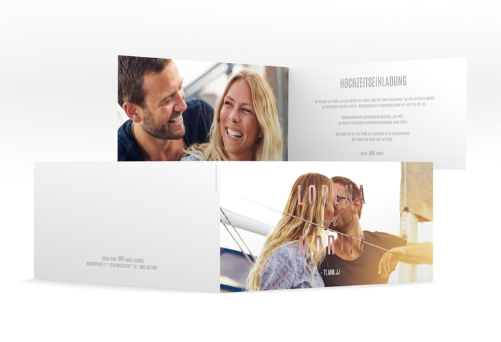 Hochzeitseinladung Memory lange Klappkarte quer rosegold