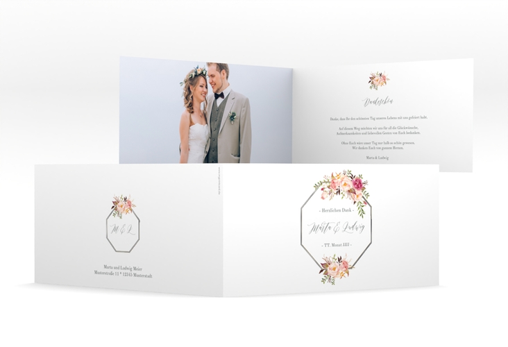 Danksagung Hochzeit Prachtvoll lange Klappkarte quer silber