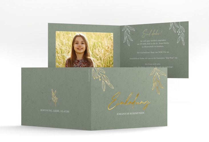 Kommunionseinladung Grüne Freude A6 Klappkarte quer gold