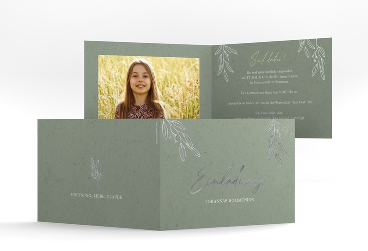 Kommunionseinladung Grüne Freude A6 Klappkarte quer silber