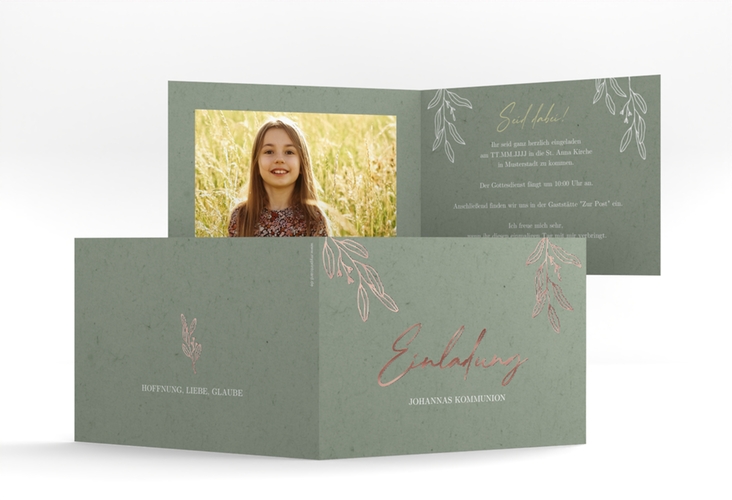 Kommunionseinladung Grüne Freude A6 Klappkarte quer rosegold