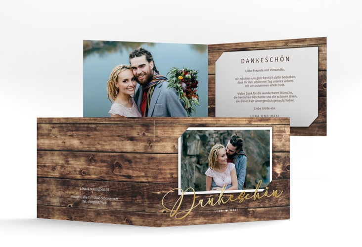 Danksagungskarte Hochzeit Rustic A6 Klappkarte quer gold in Holz-Optik mit Foto