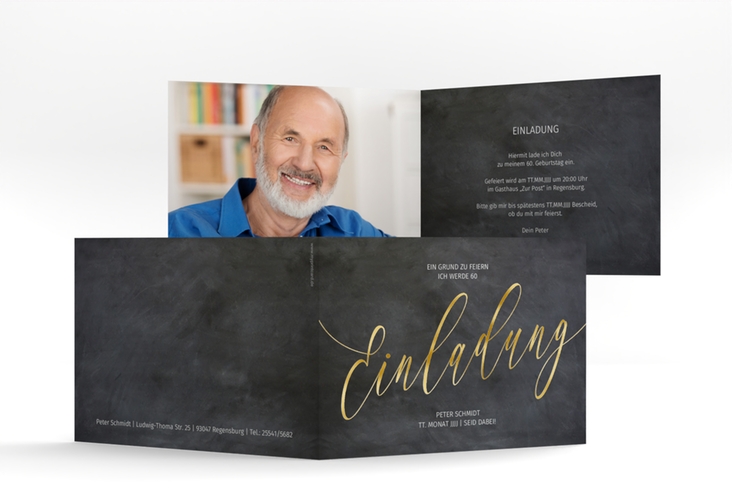 Einladung 60. Geburtstag Board A6 Klappkarte quer gold