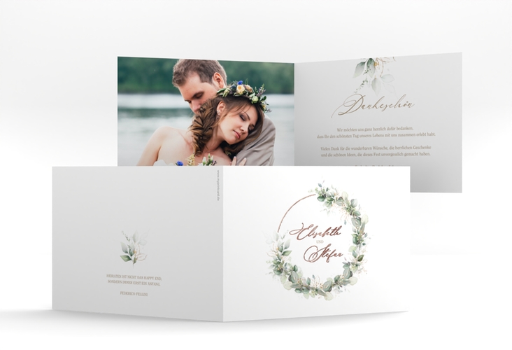 Danksagungskarte Hochzeit Selvatica A6 Klappkarte quer rosegold mit Eukalyptus-Kranz