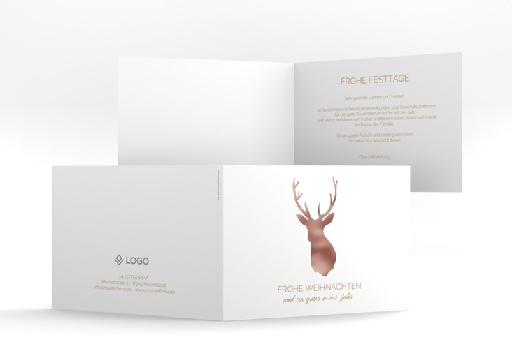 Geschäftliche Weihnachtskarte Deer A6 Klappkarte quer rosegold und weiß mit Hirschkopf