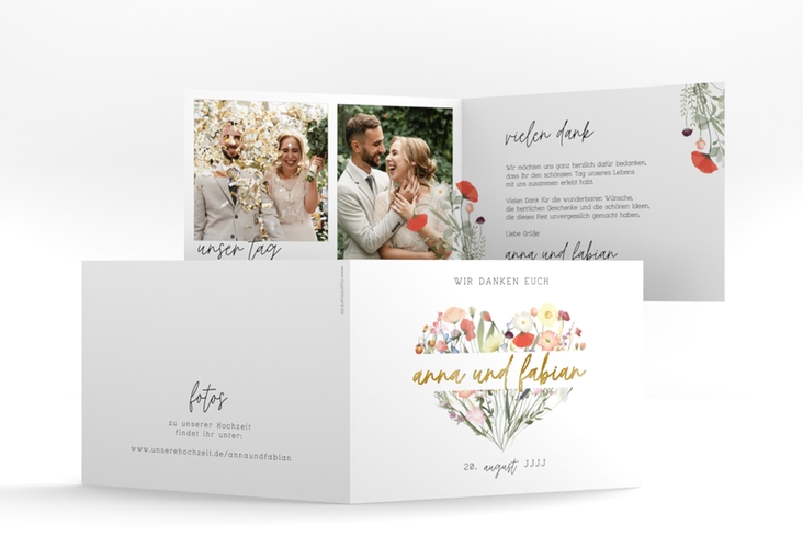 Dankeskarte Hochzeit Wildblumenherz A6 Klappkarte quer gold