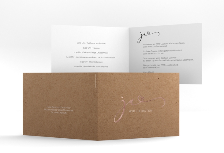 Hochzeitseinladung Jawort A6 Klappkarte quer rosegold modern minimalistisch mit veredelter Aufschrift