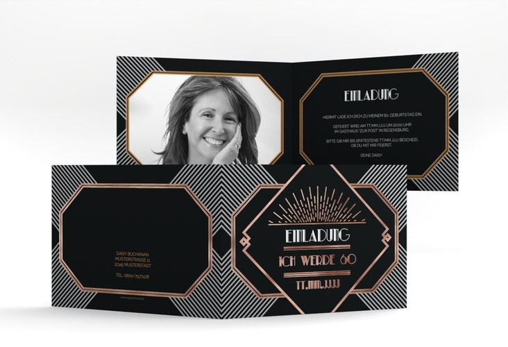 Einladung 60. Geburtstag Glamour A6 Klappkarte quer rosegold