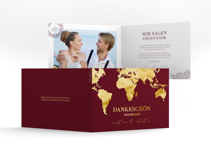 Dankeskarte Hochzeit Traumziel A6 Klappkarte quer gold im Reisepass-Design