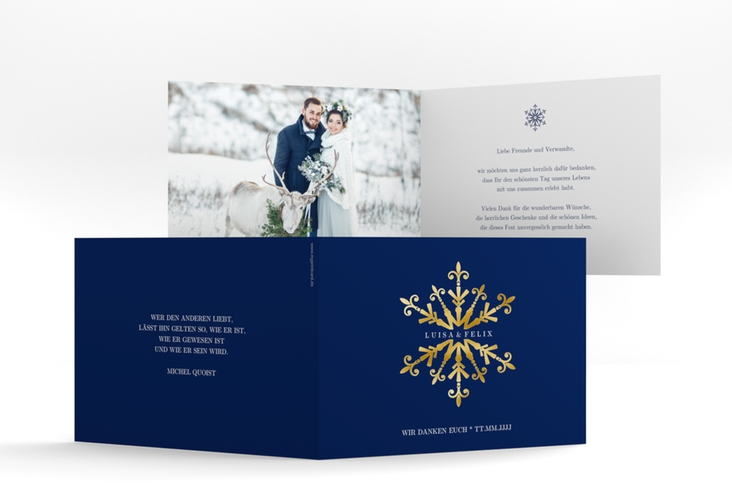 Danksagungskarte Hochzeit Crystal A6 Klappkarte quer gold mit Eiskristall
