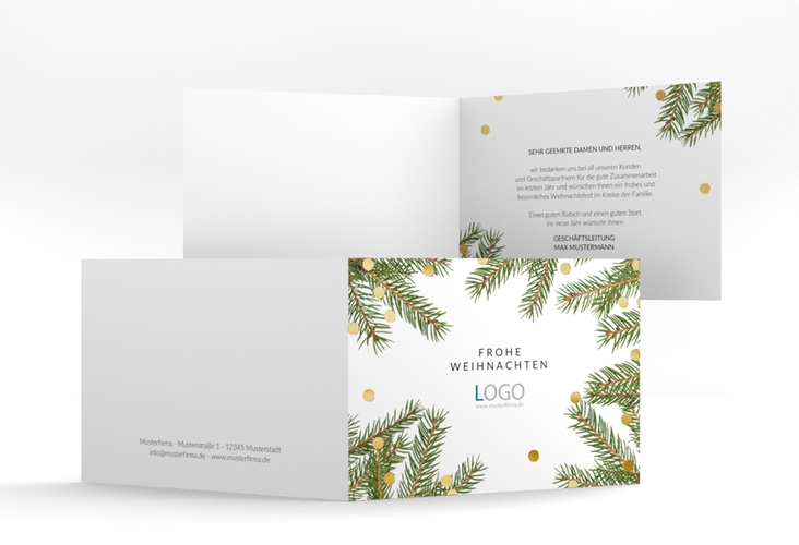 Geschäftliche Weihnachtskarte Tannenzweig A6 Klappkarte quer gold mit Tannenzweigen und Logo