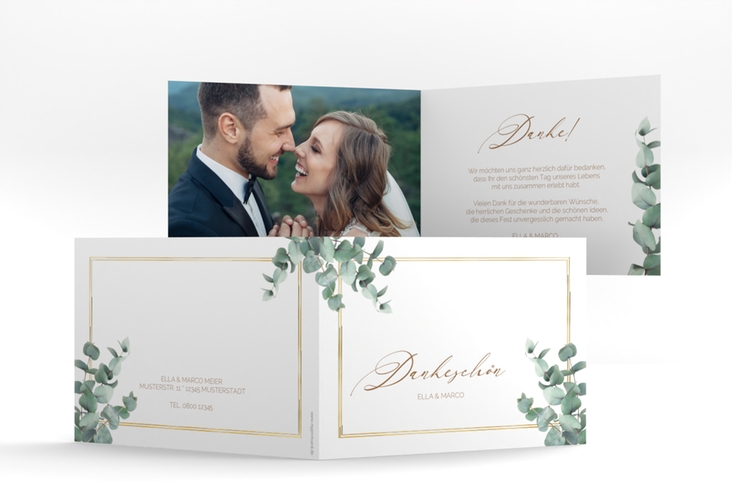 Dankeskarte Hochzeit Eucalypt A6 Klappkarte quer gold mit Eukalyptus und edlem Rahmen