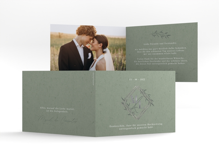 Danksagungskarte Hochzeit Greenletter A6 Klappkarte quer silber mit Initialen in elegantem Goldrahmen mit Blättern
