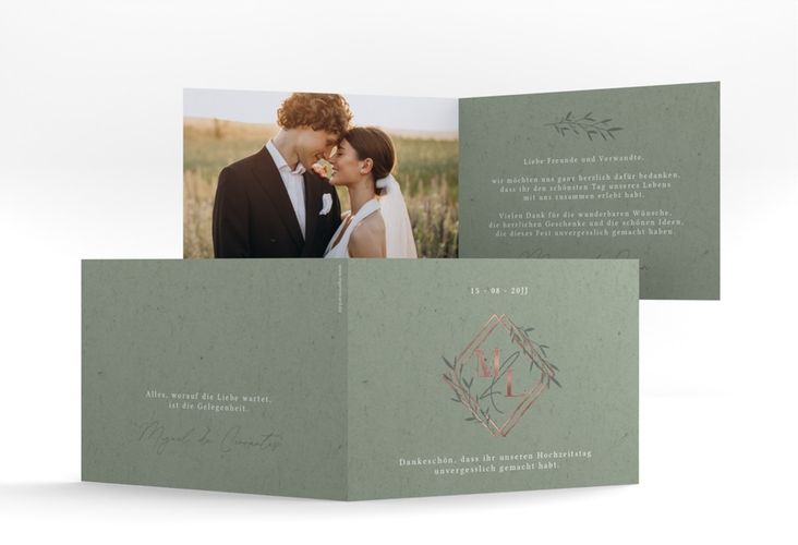 Danksagungskarte Hochzeit Greenletter A6 Klappkarte quer rosegold mit Initialen in elegantem Goldrahmen mit Blättern
