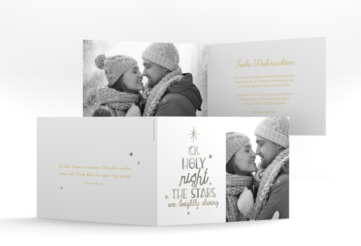 Weihnachtskarte Winterhimmel A6 Klappkarte quer silber mit Handlettering-Text und Foto