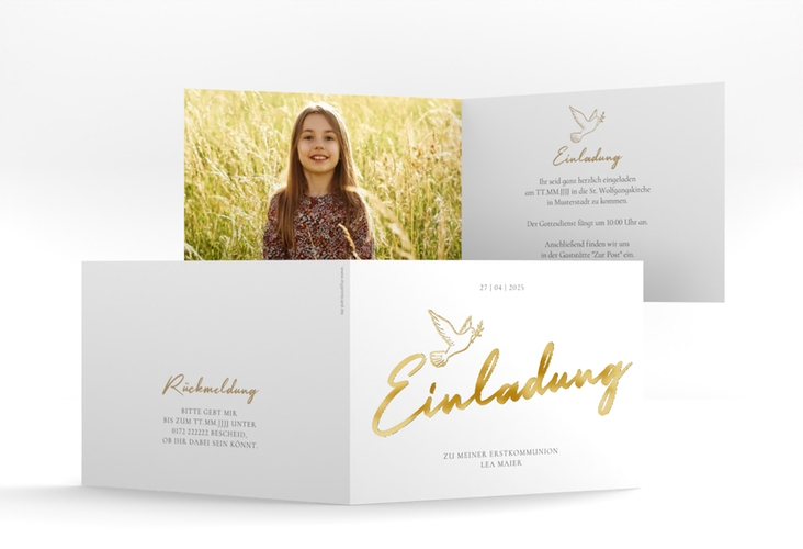 Kommunionseinladung Goldtaube A6 Klappkarte quer gold