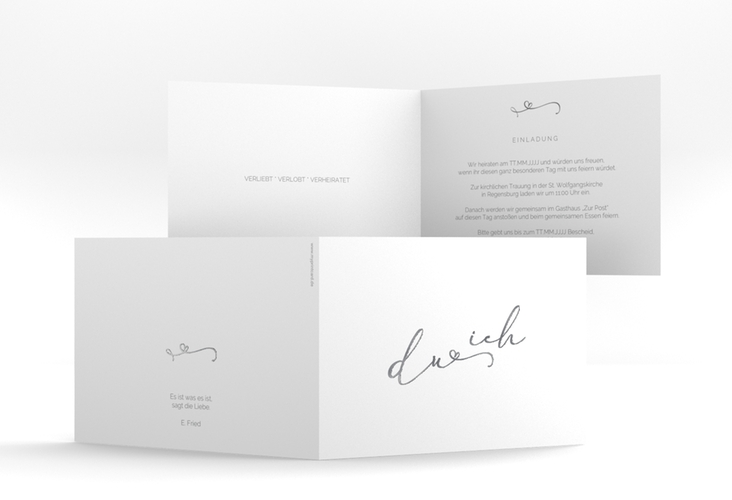 Hochzeitseinladung Zweisamkeit A6 Klappkarte quer silber im minimalistischen Stil mit Aufschrift du & ich