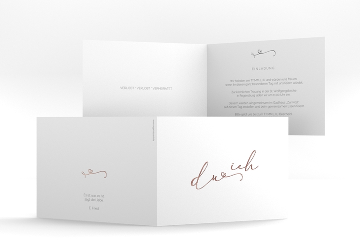 Hochzeitseinladung Zweisamkeit A6 Klappkarte quer rosegold im minimalistischen Stil mit Aufschrift du & ich
