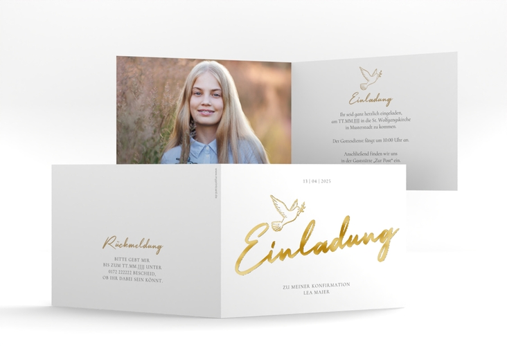 Konfirmationseinladung Edeltaube A6 Klappkarte quer gold